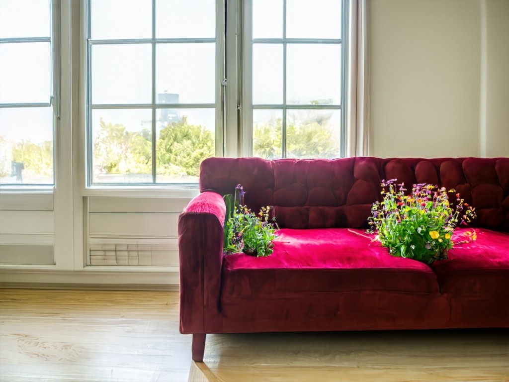 a couch in a living room, couch is stuffed with wildflowers, blurred window in the background, natural light, red velvet couch, wide frame, wildflowers growing on couch.jpg