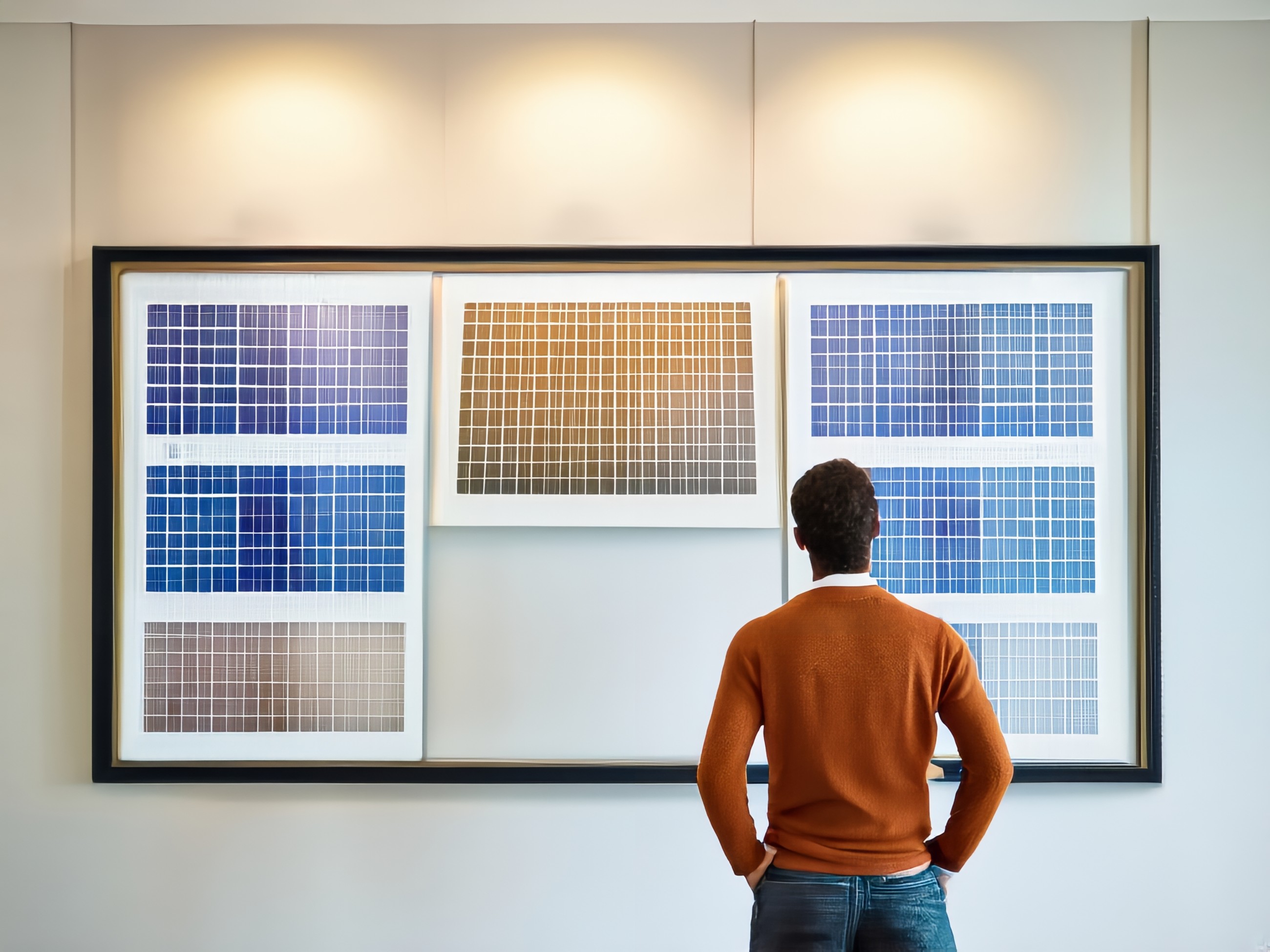 Back of person looking at art on a wall in modern art gallery, solar panels framed in ornate frame, sustainability concept.jpg