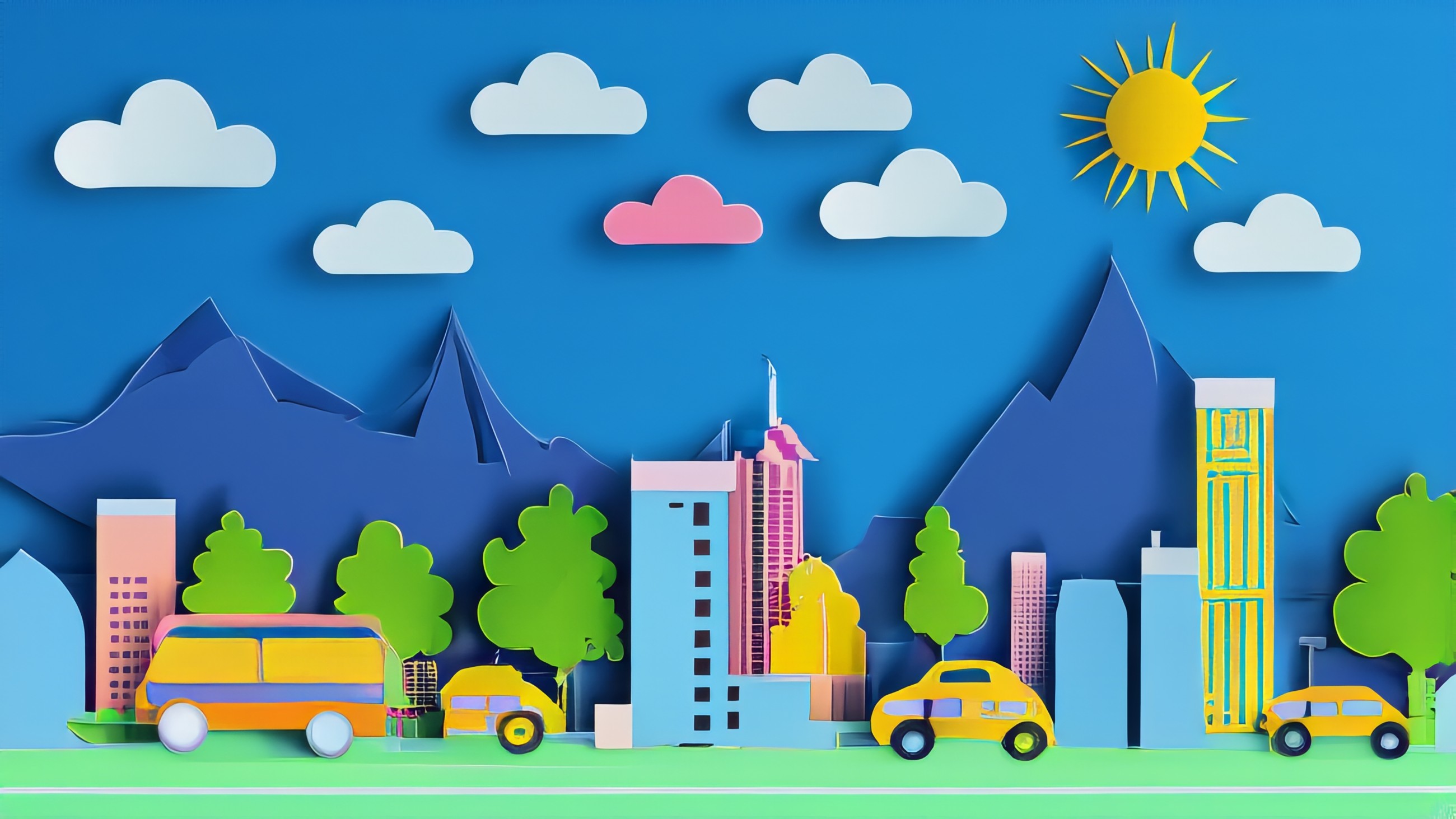 paper cut style eco urban city with trees. horizon line, soft light, skyscrapers, cars, bus, airplane, clouds, pastel colors, clean lines, dreamlike, depth, layers, texture, mountain.jpg